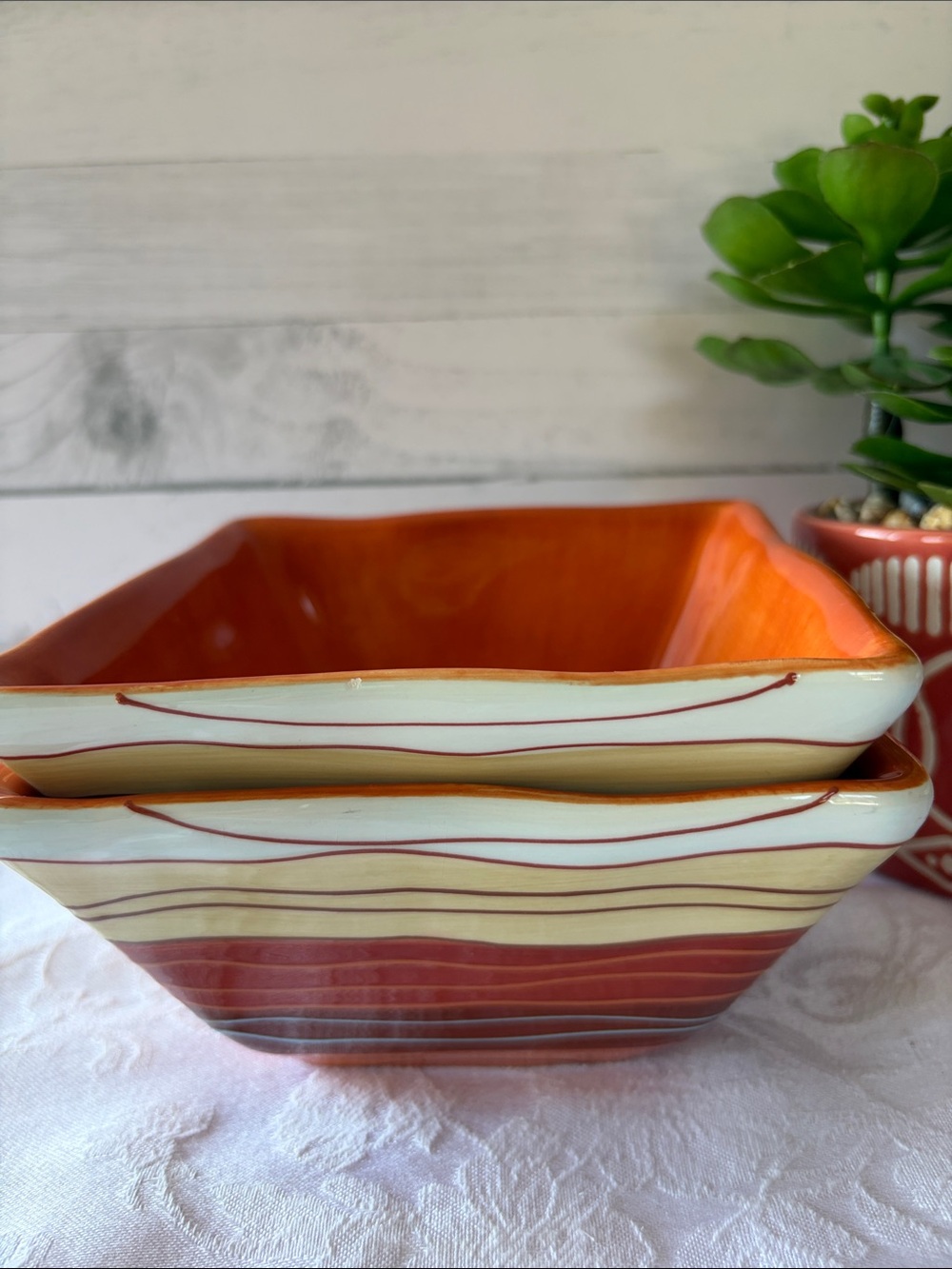 Pier 1 Square Serving Bowls in Orange and Cream Stripes